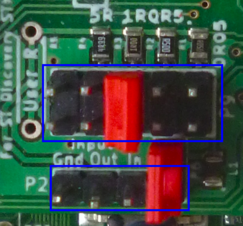 Photo of the pinheaders to select resistor and accept voltages